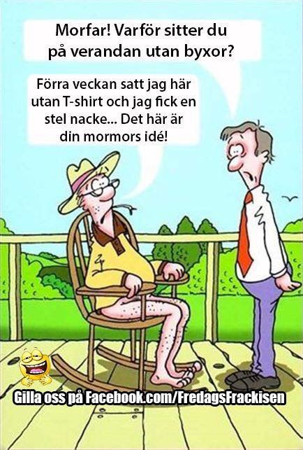 Illustration av en karikatyr där en äldre man sitter utan byxor på en veranda och talar med en yngre man.