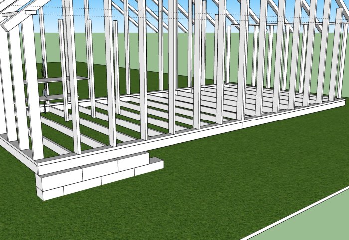 3D-modell av lagårds stomme med reglat golv och potentiell grundmur av lecablock.