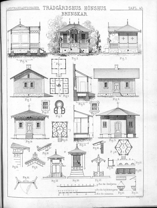 Gamla ritningar av hönshus i 1800-talsstil med detaljerade illustrationer av design och konstruktion.