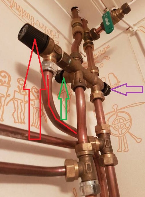 VVS-installation med LK 560 ventilkombination och markerade delar: säkerhetsventil, avstängning och temperaturinställning.