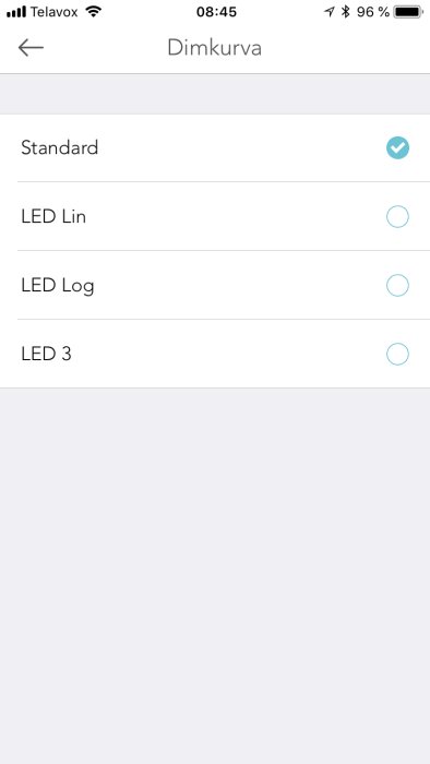 Skärmdump av inställningar för dimkurva med alternativen Standard, LED Lin, LED Log och LED 3, där Standard är valt.