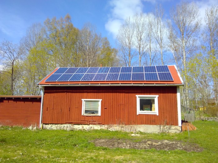 Solpaneler monterade på taket till en röd lada under en klarblå himmel.