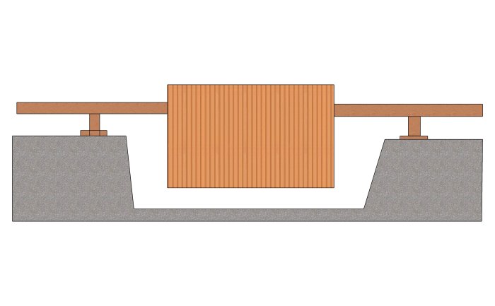 Skiss av en badtunna nedgrävd i marken med stödstrukturer och trall ovanpå.