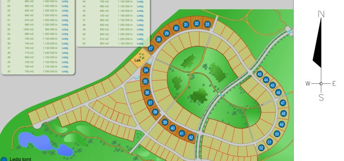 Karta över bostadsområde som visar tomter numrerade 48 och 52 med storlek och prisangivelse, intill en kompass.