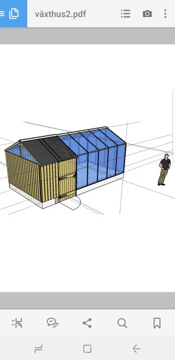 Digital skiss av ett planerat växthus på 6x3 meter med intilliggande förråd och en person som betraktar konstruktionen.