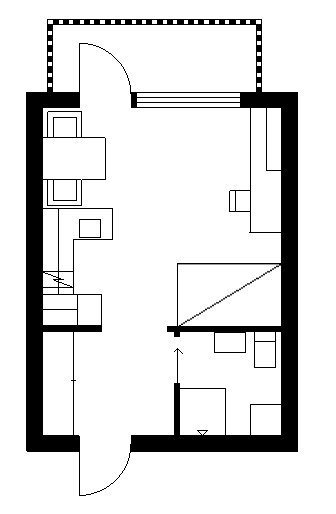 Ritning av ett byggprojekt för renovering med möbleringsförslag, likt ett hotellarrangemang.