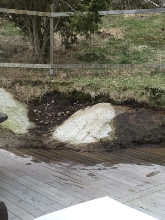 Utsikt över en altan med lerig jord som hänger över bergskanten intill, vilket skapar problem vid regn.