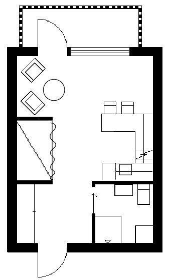 Schematisk ritning av en lägenhet med möblerad sovdel och lounge, draperi framför säng och möjlig förvaring under.