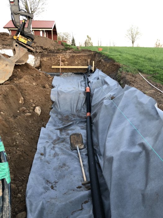 Grävd dikesren för rörledningar med markduk och grus, spade och grävmaskin i bakgrunden.