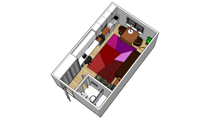 3D-ritning av ett litet bostadsutrymme med integrerat kök, skrivbord och sittområde.