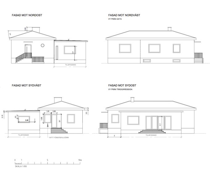 Fyra arkitektritningar av husfasader med dimensioner, inkluderat en tillbyggnad och nya fönster.