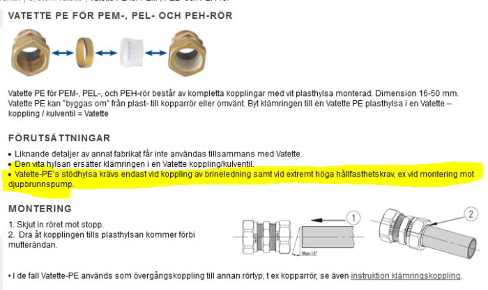 Skärmbild av Vatette kopplingsinstruktioner för PEM-, PEL- och PEH-rör, med bilder på kopplingar och en monteringsillustration.