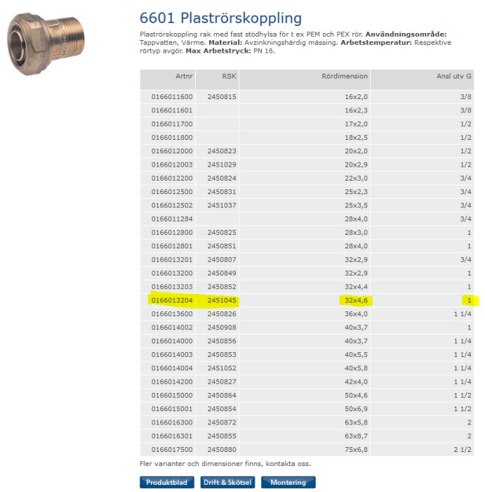 Produktbild av Beulco 6601 plaströrskoppling med specifikationslista för olika storlekar.