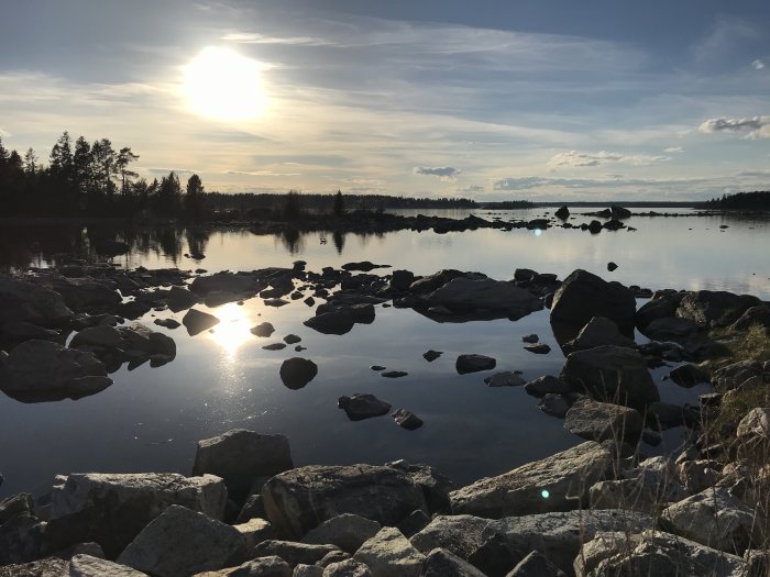 Solnedgång över en lugn sjö med stenar i förgrunden och skog i bakgrunden.