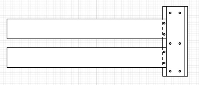 Schematisk illustration av två brädor anslutna till en stolpe med markerade borrpunkter för kloss eller bultfästen.