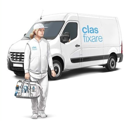 Illustration av en servicepersonal bredvid en vit skåpbil märkt med "clas fixare".