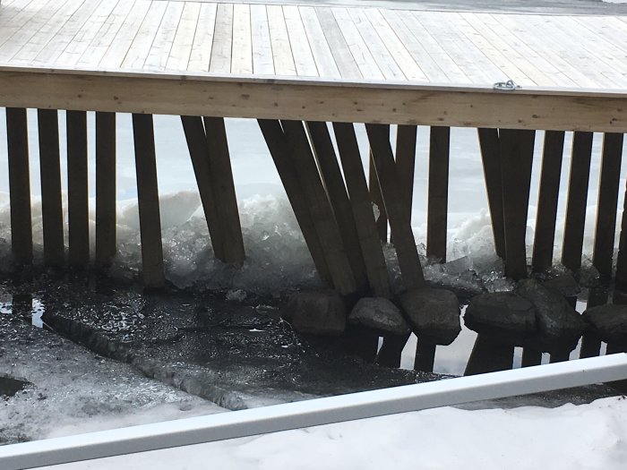 Brygga med högt vattenstånd och is runt stolparna, snötäckt mark i förgrunden.