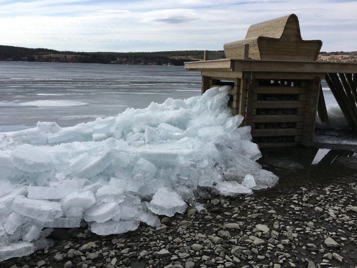 Isblock uppdrivna mot en brygga vid en sjö, där isen på sjön börjat smälta.