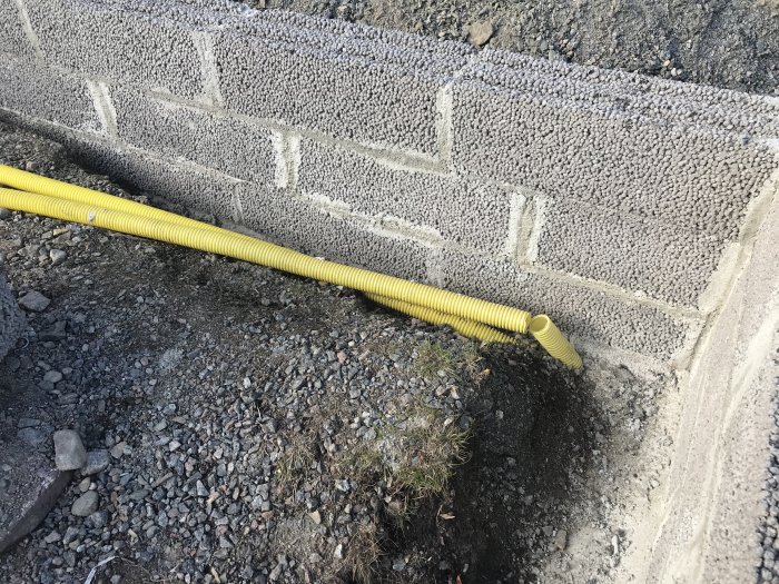 Gult kabelskyddsrör längs en grundmur, planerat att kapa för elanslutning till ny snickarbod.