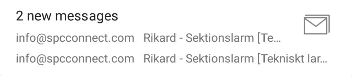 Skärmdump av två nya e-postmeddelanden från info@spcconnect.com med avsändaren Rikard.