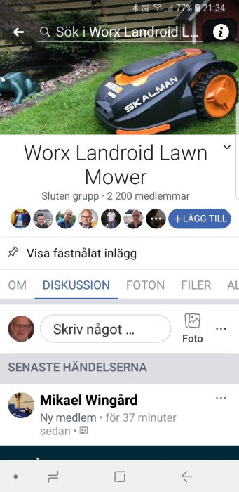 Skärmdump av Facebook-grupp för Worx Landroid gräsklippare med profilbilder och namn.