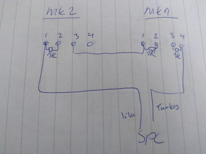 Handritad skiss som visar elektrisk koppling mellan MK2 och MK1 med beteckningar och linjer.