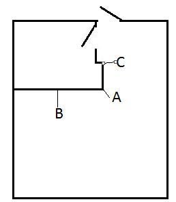 Skiss av rum med markerad nisch och potentiella hyllplan A, B, och C.