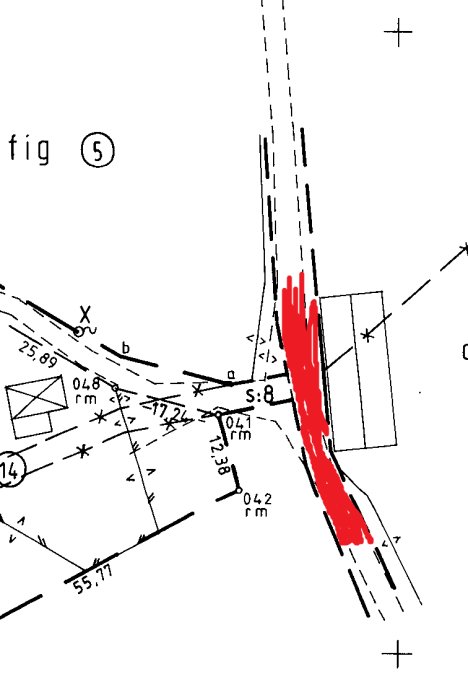 Ritning som visar en sväng i vägen vid en stor lada, markerad synfältshinder med rött.