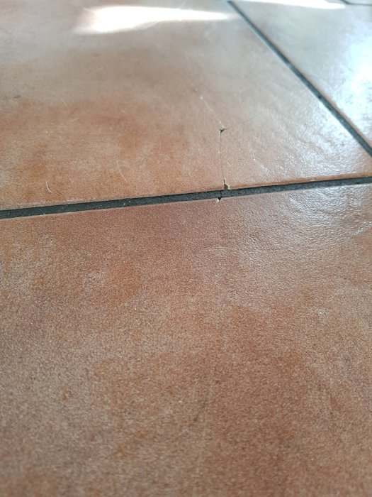 Sprucken kakelplatta med saknad fog i ett kök.