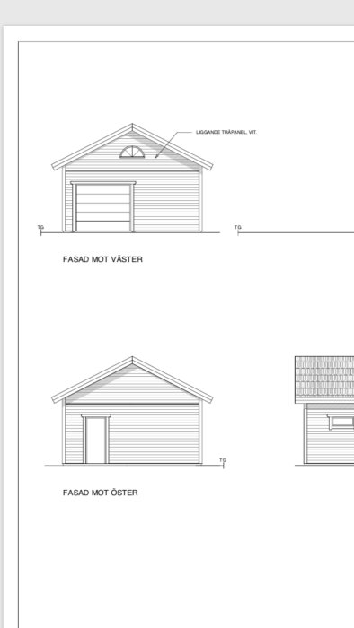 Ritningar på en byggnads västra och östra fasad med ett litet halvrunt fönster över garageporten.