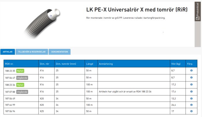 Bild av LK PE-X Universalrör X med tomrör, specifikationstabell på hemsida.