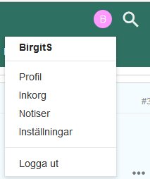 Användarmeny med avatar med bokstaven B och alternativ som Profil, Inkorg, Notiser, Inställningar och Logga ut.