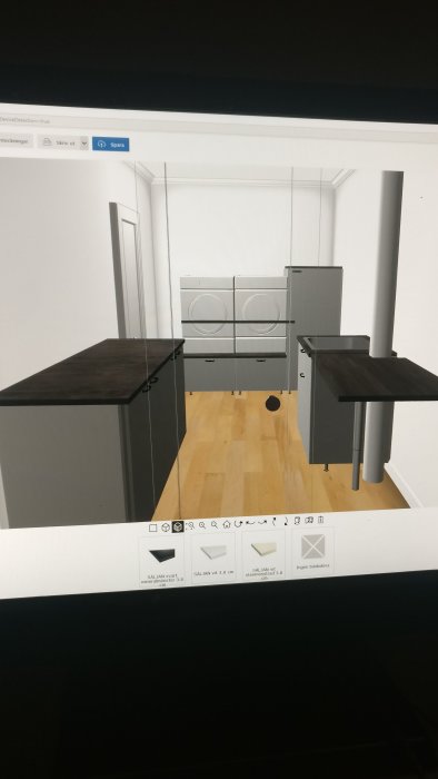 3D-ritning av en tvättstuga med skåp, bänkskivor och tvättmaskiner, sett på en datorskärm.
