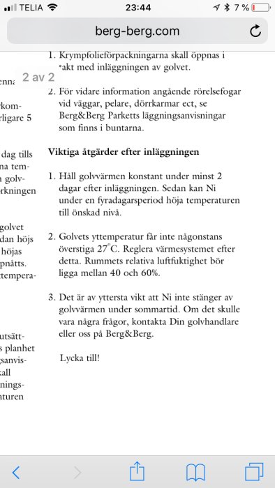 Skärmdump av en webbsida med instruktioner för underhåll av golvvärme från berg-berg.com.