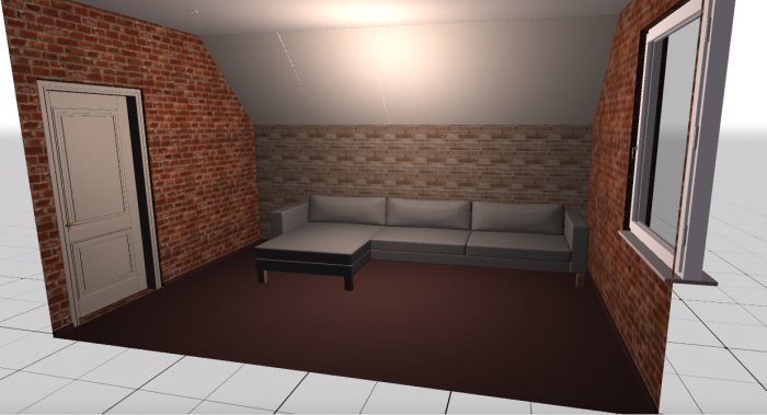 3D-rendering av ett tomt biorum med tegelvägg, soffa, dörr och fönster, planering för ljudisolering och inredning.