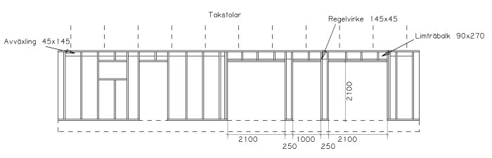 Teknisk ritning av vägg med fönsterpartier, regelverk och limträbalk för byggprojekt.