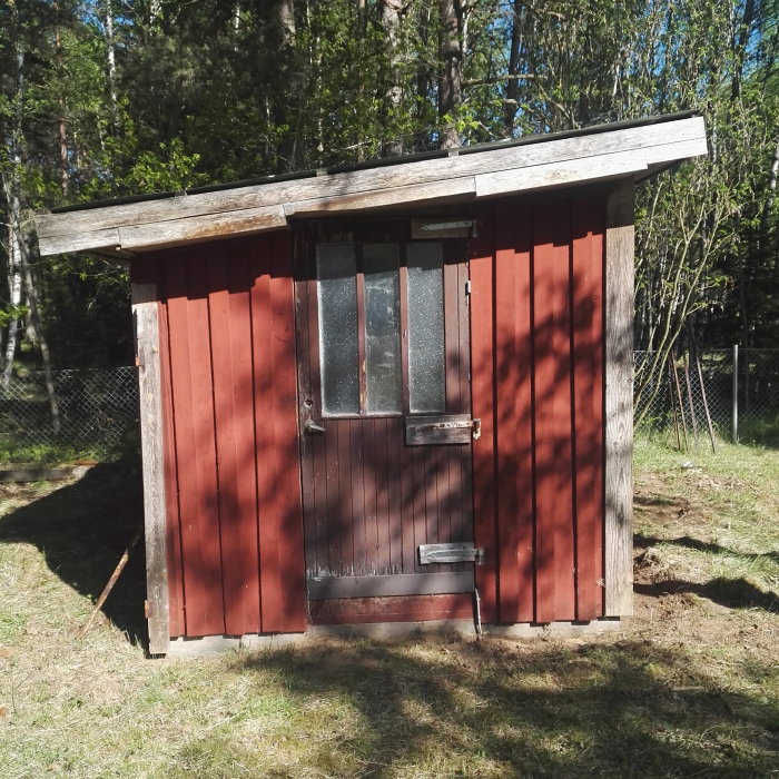 Liten röd träbod med slitet planktak och grått gångjärnsförsedd dörr i ett skogsmiljö.