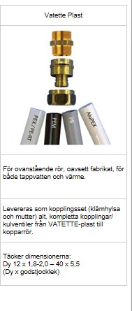 Bild på en Vatette plastkoppling för rör, anges passa för bland annat tappvatten och värme, med tekniska mått angivna.
