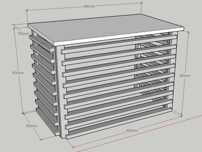 CAD-ritning av träkonstruktion för att dölja en utedel till luftvärmepump, med måttangivelser.