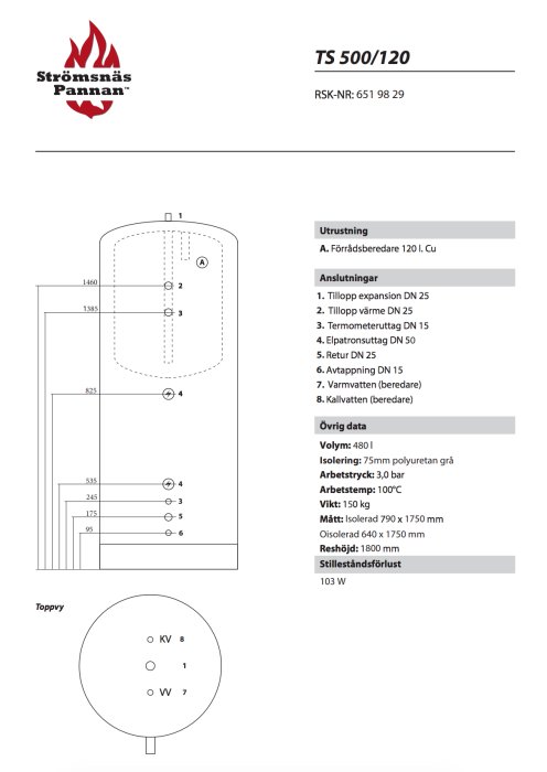 Schematisk bild av en varmvattenberedare med märkta anslutningar och specifikationer, inte pilen för kallvatten.