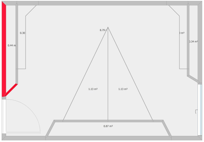 Schematisk planritning av ett rum med snedtak och utmärkta mått för en hylla eller skåp.