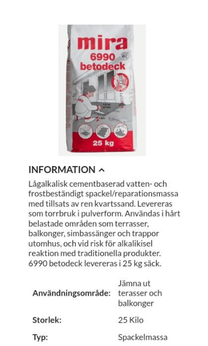 Säck med Mira 6990 betodäck spackel på 25 kg för utjämning av terrasser och balkonger.