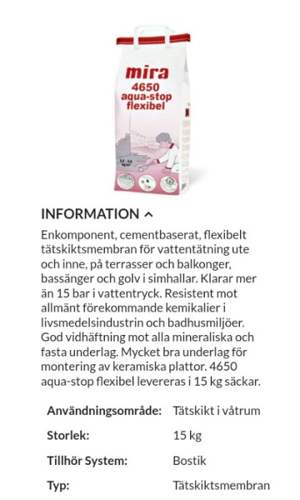 Förpackning av Mira 4650 aqua-stop flexibel tätskiktsmembran för våtrum, 15 kg säck.