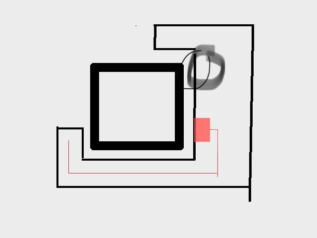 Schematisk bild av en trädgård med en robotgräsklippares laddstation felplacerad, enligt inlägg.