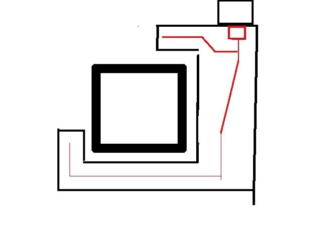 Schematisk planritning som visar en altan, trappa och ett förråd med en markerad plats för en station och guidekablar.