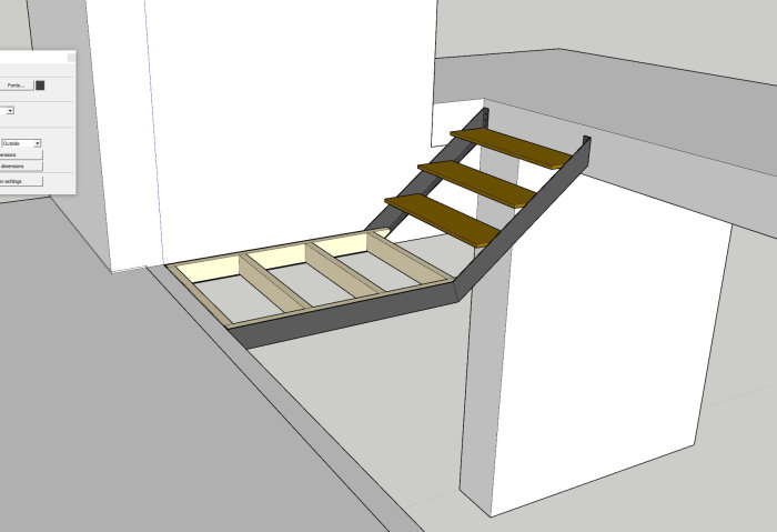 3D-rendering av kombinerad trappa och bro mellan två nivåer med reglar och svetsade stöd.