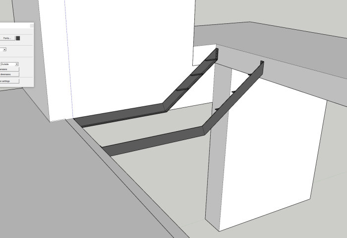 3D-modell av en pågående konstruktion för en kombinerad trappa och bro mellan två ytor.