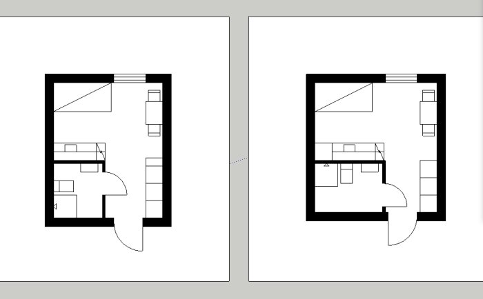 Ritningar av två små bostadsplanlösningar på 17 kvm och 19 kvm.