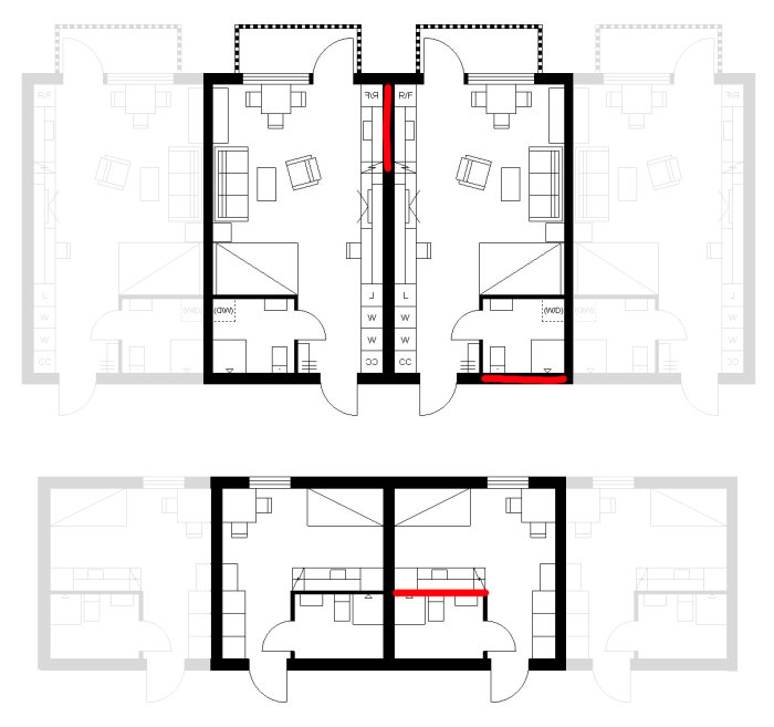 Arkitektonisk ritning av en byggnadsplan med markerade väggar i rött.