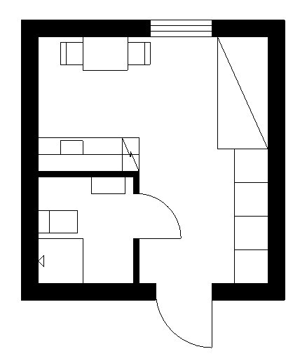 Ritning av en sovrumslayout med plats för säng och sidogarderober, och angränsande trappa.